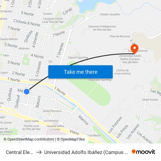 Central Electrica to Universidad Adolfo Ibáñez (Campus Viña Del Mar) map