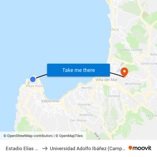 Estadio Elias Figueroa to Universidad Adolfo Ibáñez (Campus Viña Del Mar) map