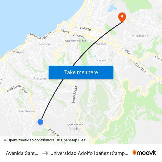 Avenida Santos Ossa to Universidad Adolfo Ibáñez (Campus Viña Del Mar) map