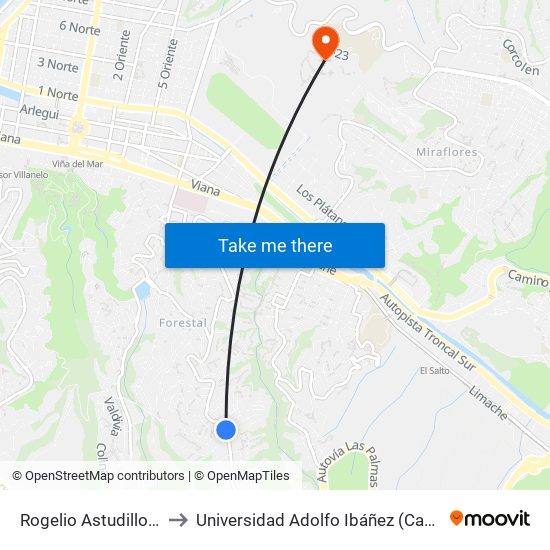 Rogelio Astudillo - O´Higgins to Universidad Adolfo Ibáñez (Campus Viña Del Mar) map