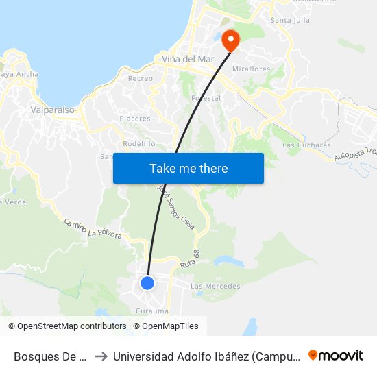 Bosques De Placilla to Universidad Adolfo Ibáñez (Campus Viña Del Mar) map