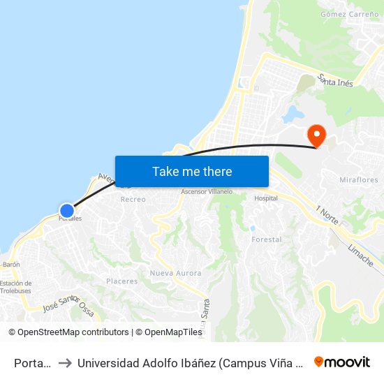 Portales to Universidad Adolfo Ibáñez (Campus Viña Del Mar) map