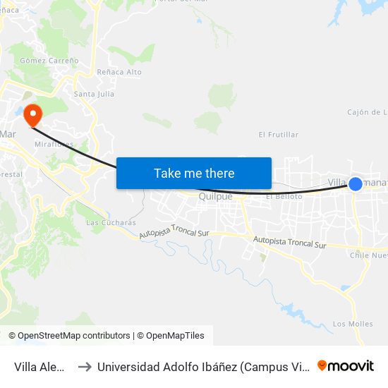 Villa Alemana to Universidad Adolfo Ibáñez (Campus Viña Del Mar) map