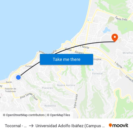 Tocornal - Vega to Universidad Adolfo Ibáñez (Campus Viña Del Mar) map