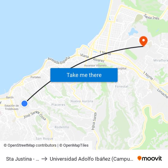 Sta Justina - Morse to Universidad Adolfo Ibáñez (Campus Viña Del Mar) map