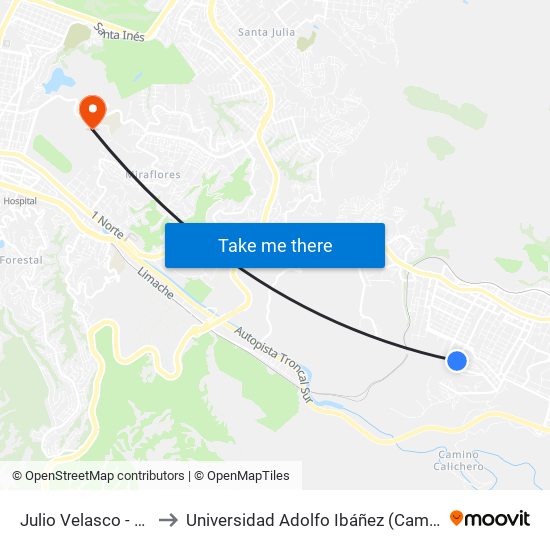 Julio Velasco - Ortiz Vega to Universidad Adolfo Ibáñez (Campus Viña Del Mar) map