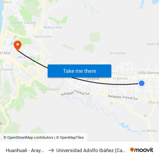 Huanhuali - Araya / Poniente to Universidad Adolfo Ibáñez (Campus Viña Del Mar) map
