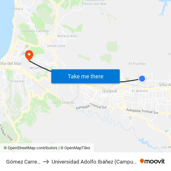 Gómez Carreño 859 to Universidad Adolfo Ibáñez (Campus Viña Del Mar) map