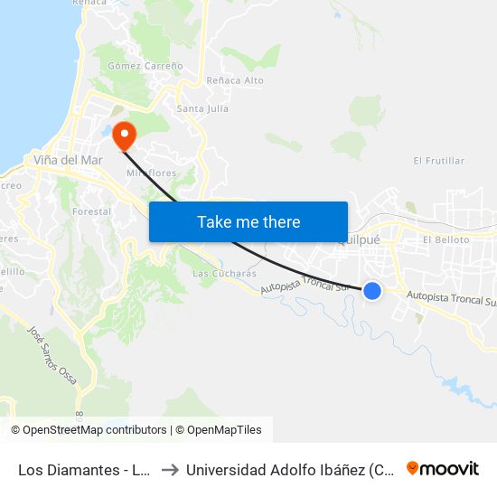 Los Diamantes - Las Malaquitas to Universidad Adolfo Ibáñez (Campus Viña Del Mar) map