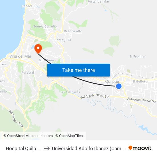 Hospital Quilpue / Norte to Universidad Adolfo Ibáñez (Campus Viña Del Mar) map