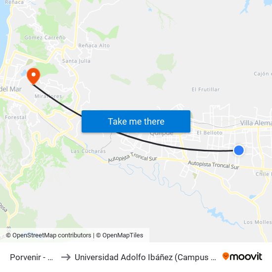 Porvenir - Pluma to Universidad Adolfo Ibáñez (Campus Viña Del Mar) map