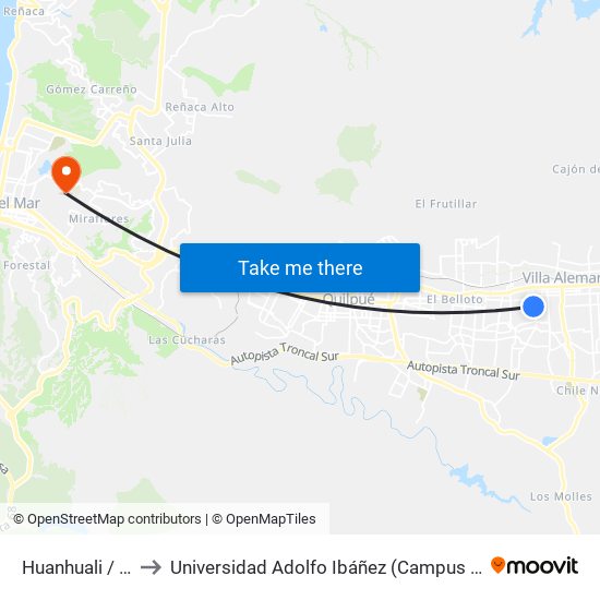 Huanhuali / Norte to Universidad Adolfo Ibáñez (Campus Viña Del Mar) map