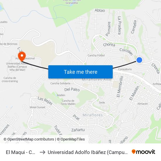 El Maqui - Corcolén to Universidad Adolfo Ibáñez (Campus Viña Del Mar) map