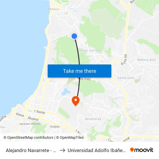 Alejandro Navarrete - Punta Arenas / Norte to Universidad Adolfo Ibáñez (Campus Viña Del Mar) map