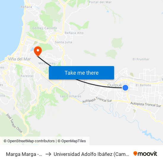 Marga Marga - Recoleta to Universidad Adolfo Ibáñez (Campus Viña Del Mar) map