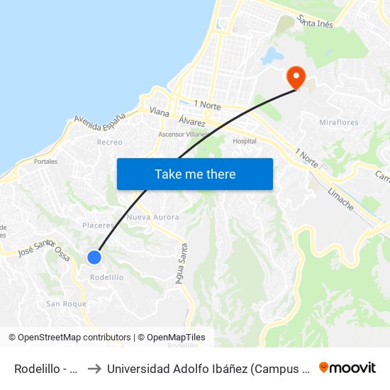 Rodelillo - Jaime to Universidad Adolfo Ibáñez (Campus Viña Del Mar) map