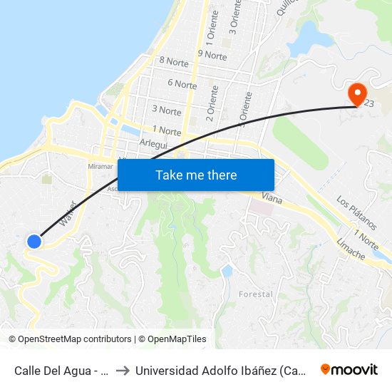 Calle Del Agua - La Habana to Universidad Adolfo Ibáñez (Campus Viña Del Mar) map