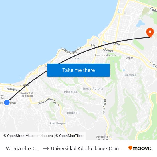 Valenzuela - Calle Cinco to Universidad Adolfo Ibáñez (Campus Viña Del Mar) map