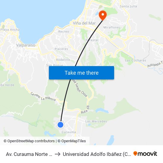 Av. Curauma Norte - Los Tuliperos to Universidad Adolfo Ibáñez (Campus Viña Del Mar) map