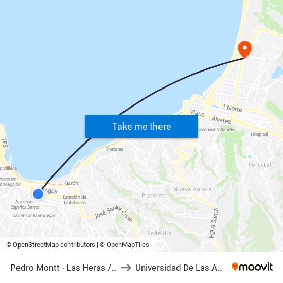 Pedro Montt - Las Heras / Oriente to Universidad De Las Americas map