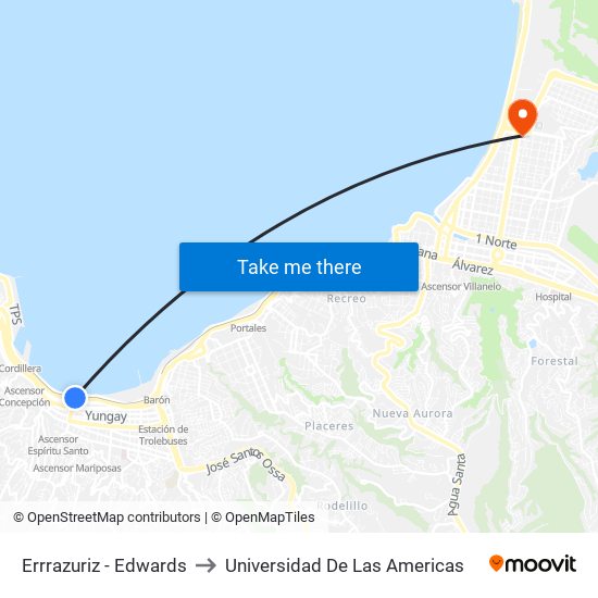 Errrazuriz - Edwards to Universidad De Las Americas map