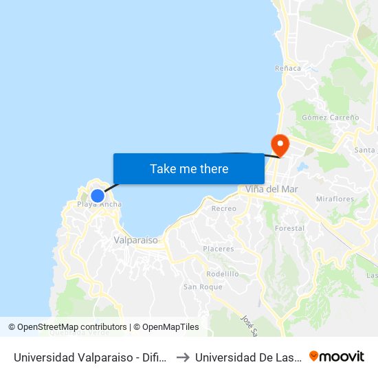 Universidad Valparaiso - Difider / Poniente to Universidad De Las Americas map