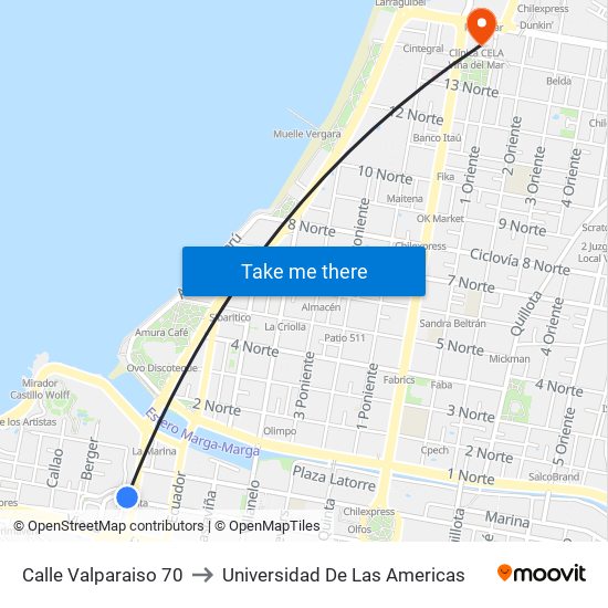 Calle Valparaiso 70 to Universidad De Las Americas map