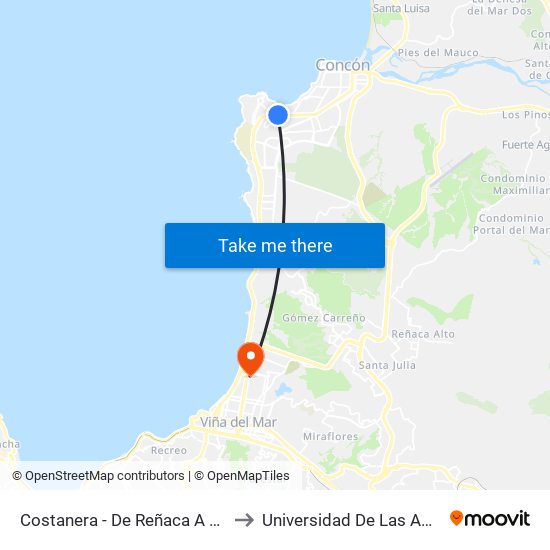 Costanera - De Reñaca A Con Con to Universidad De Las Americas map