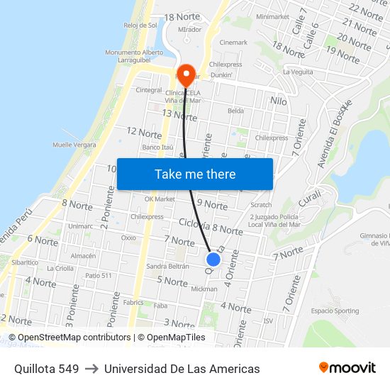 Quillota 549 to Universidad De Las Americas map