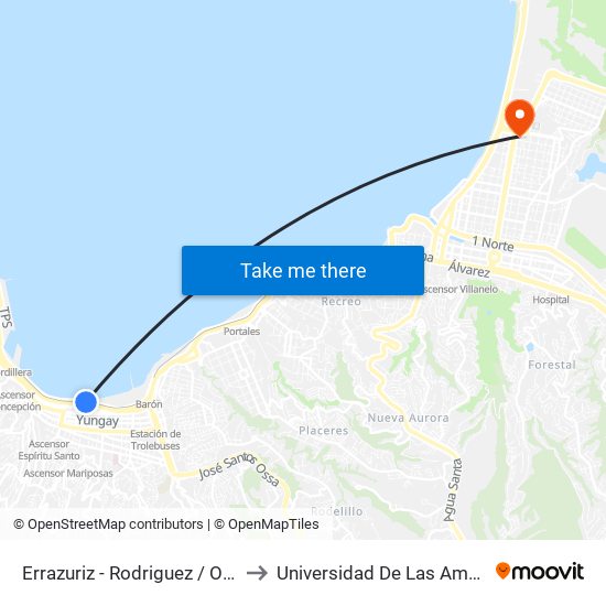 Errazuriz - Rodriguez / Oriente to Universidad De Las Americas map