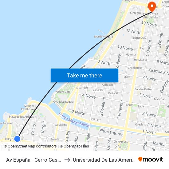 Av España - Cerro Castillo to Universidad De Las Americas map