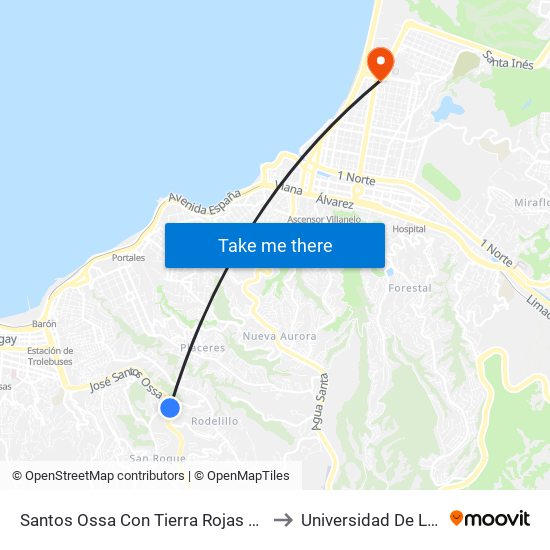 Santos Ossa Con Tierra Rojas Direccion Valparaíso to Universidad De Las Americas map