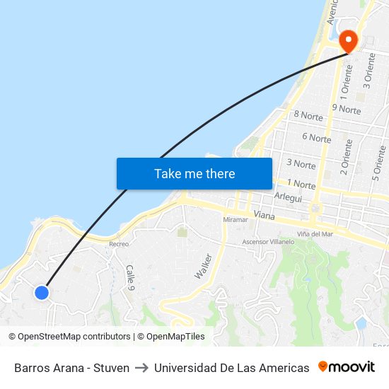 Barros Arana - Stuven to Universidad De Las Americas map