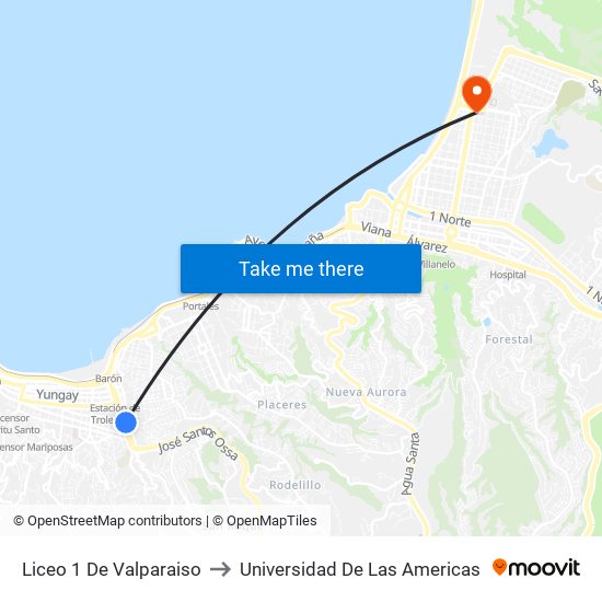 Liceo 1 De Valparaiso to Universidad De Las Americas map