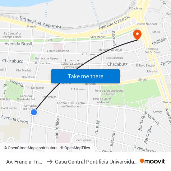 Av. Francia- Independencia to Casa Central Pontificia Universidad Católica De Valparaíso map