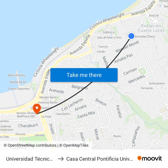 Universidad Técnica Federico Santa María to Casa Central Pontificia Universidad Católica De Valparaíso map