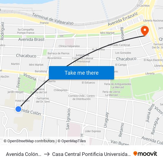Avenida Colón, 2093-2131 to Casa Central Pontificia Universidad Católica De Valparaíso map