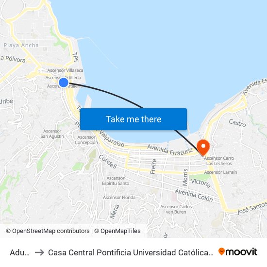 Aduana to Casa Central Pontificia Universidad Católica De Valparaíso map