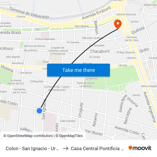 Colon - San Ignacio - Urgencias Hospital Carlos Van Buren to Casa Central Pontificia Universidad Católica De Valparaíso map