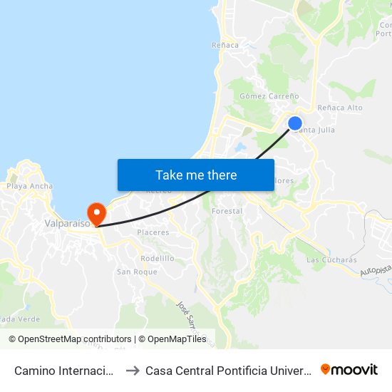 Camino Internacional - Las Camelias to Casa Central Pontificia Universidad Católica De Valparaíso map
