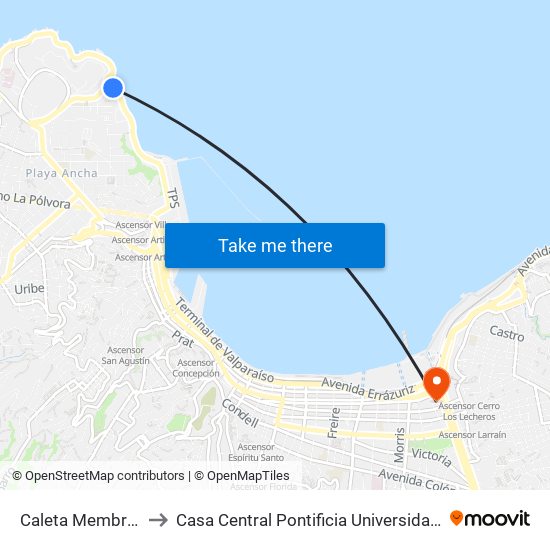 Caleta Membrillo / Oriente to Casa Central Pontificia Universidad Católica De Valparaíso map