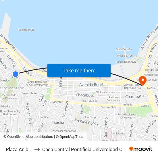Plaza Anibal Pinto to Casa Central Pontificia Universidad Católica De Valparaíso map