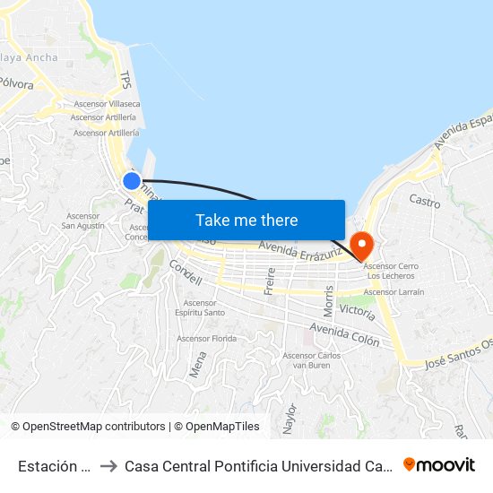 Estación Puerto to Casa Central Pontificia Universidad Católica De Valparaíso map
