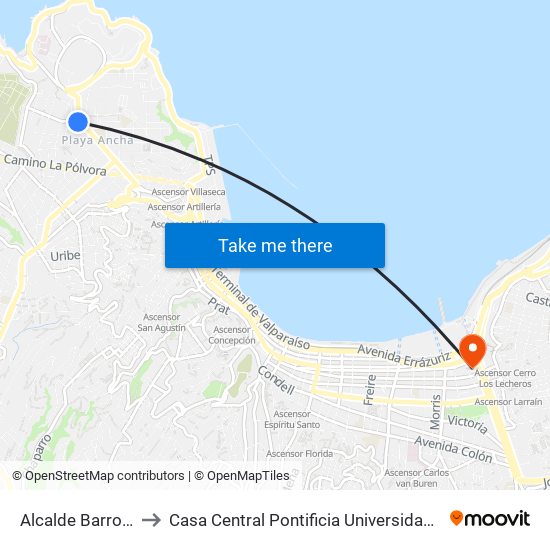 Alcalde Barros - Tucapel to Casa Central Pontificia Universidad Católica De Valparaíso map