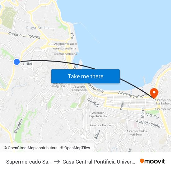 Supermercado Santa Isabel / Norte to Casa Central Pontificia Universidad Católica De Valparaíso map