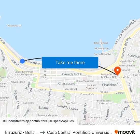 Errazuriz - Bellavista / Oriente to Casa Central Pontificia Universidad Católica De Valparaíso map