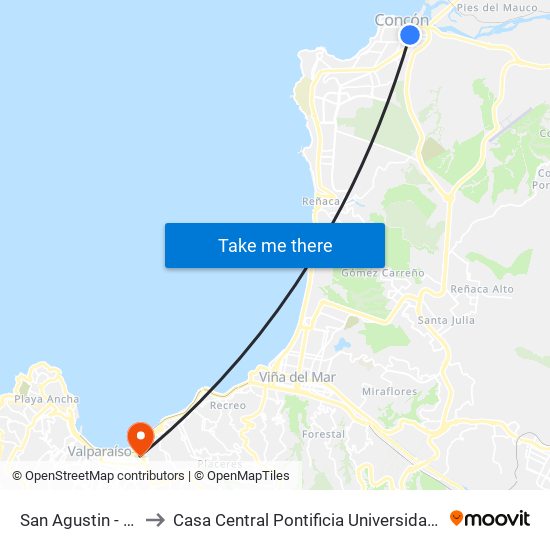 San Agustin - Calle 10 Sur to Casa Central Pontificia Universidad Católica De Valparaíso map