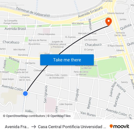 Avenida Francia, 715 to Casa Central Pontificia Universidad Católica De Valparaíso map