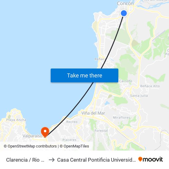 Clarencia / Rio De Oro Oriente to Casa Central Pontificia Universidad Católica De Valparaíso map