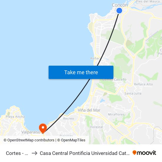 Cortes - Calle 7 to Casa Central Pontificia Universidad Católica De Valparaíso map